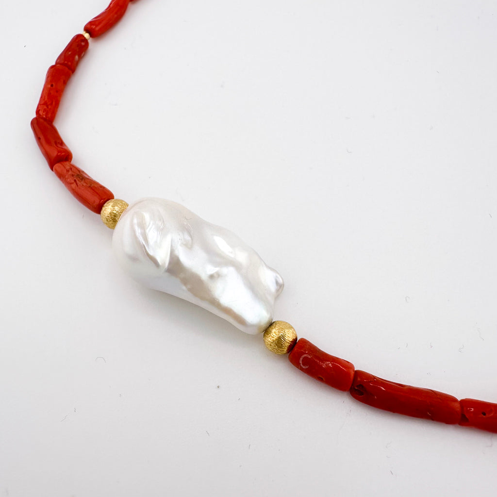 Coral, Pearl, and 22K Gold Vermeil Necklace closeup on white background