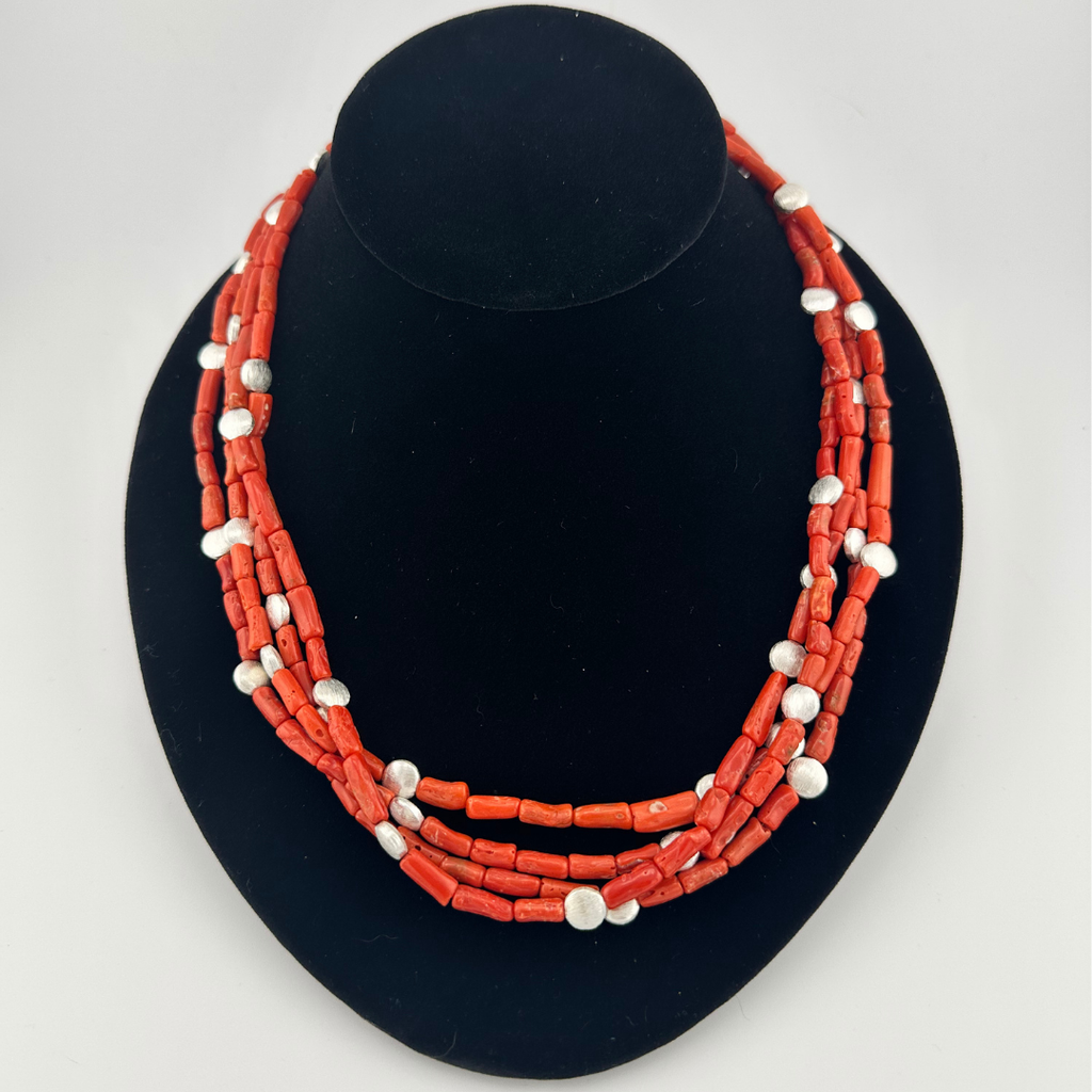 Coral and Sterling Silver Necklace on black bust
