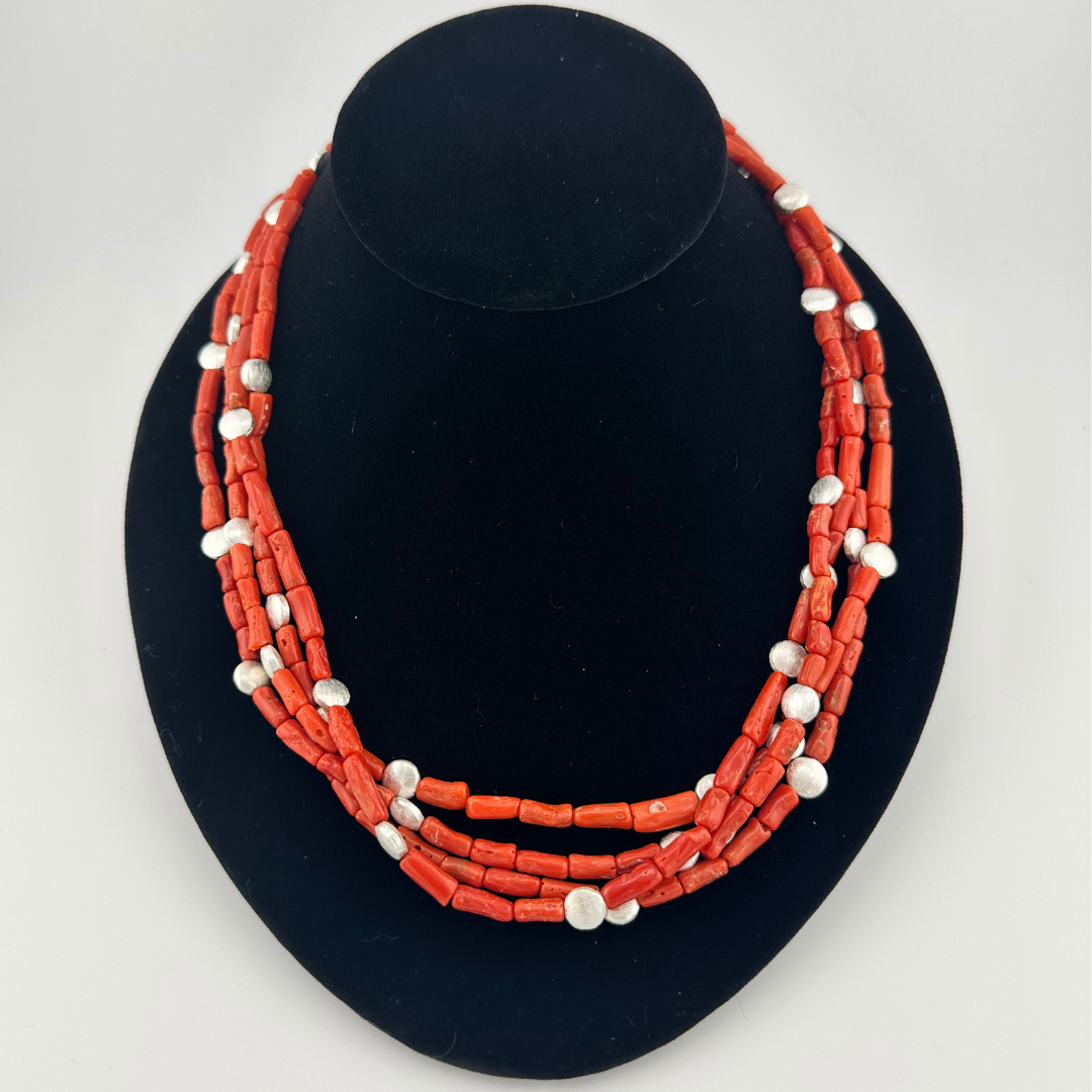 Coral and Sterling Silver Necklace on black bust