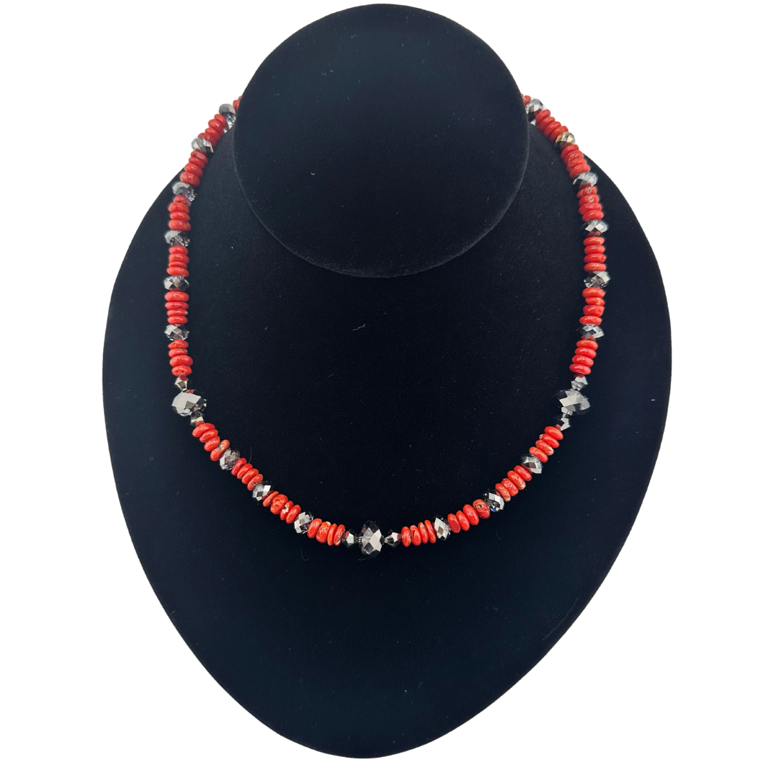 Coral, Swarovski Crystal, and Sterling Silver Necklace on black bust