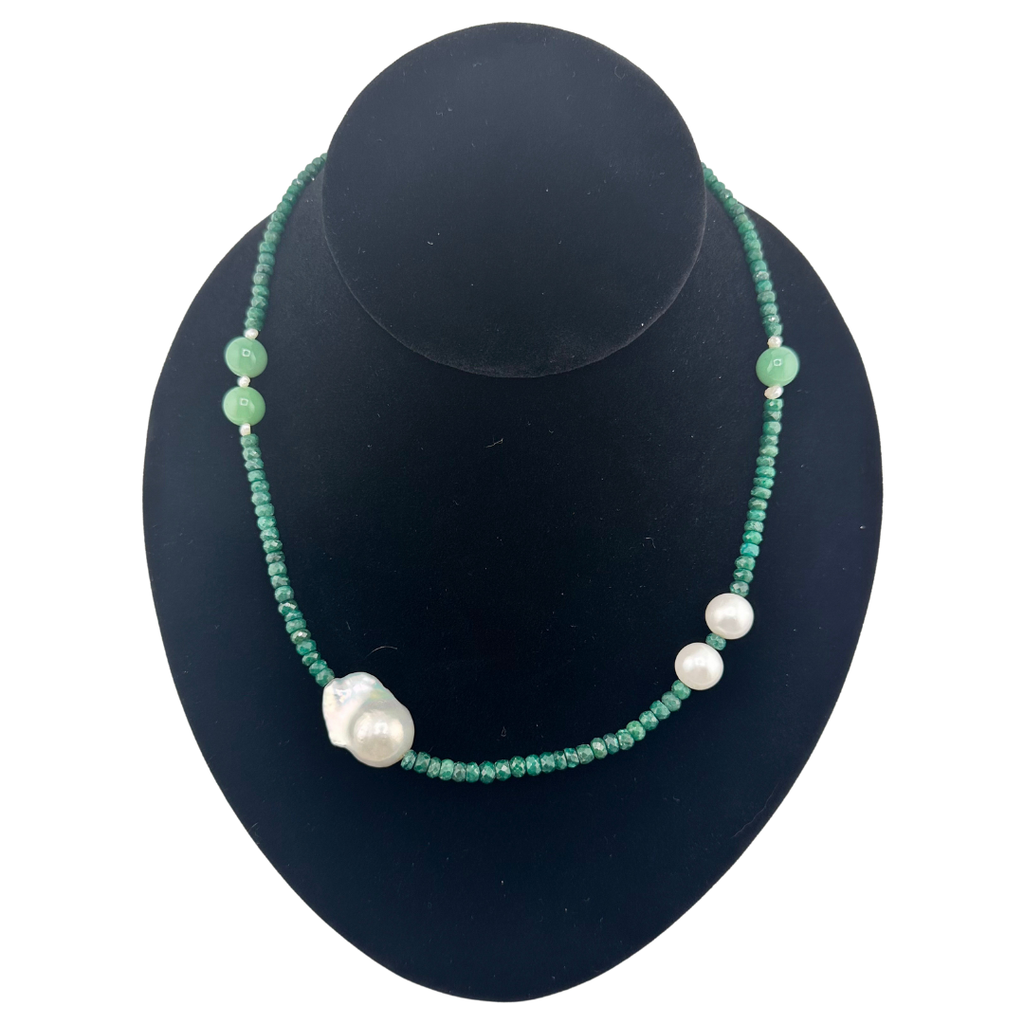 Emerald, Jade, Pearl, and 22K Gold Vermeil Necklace on black bust