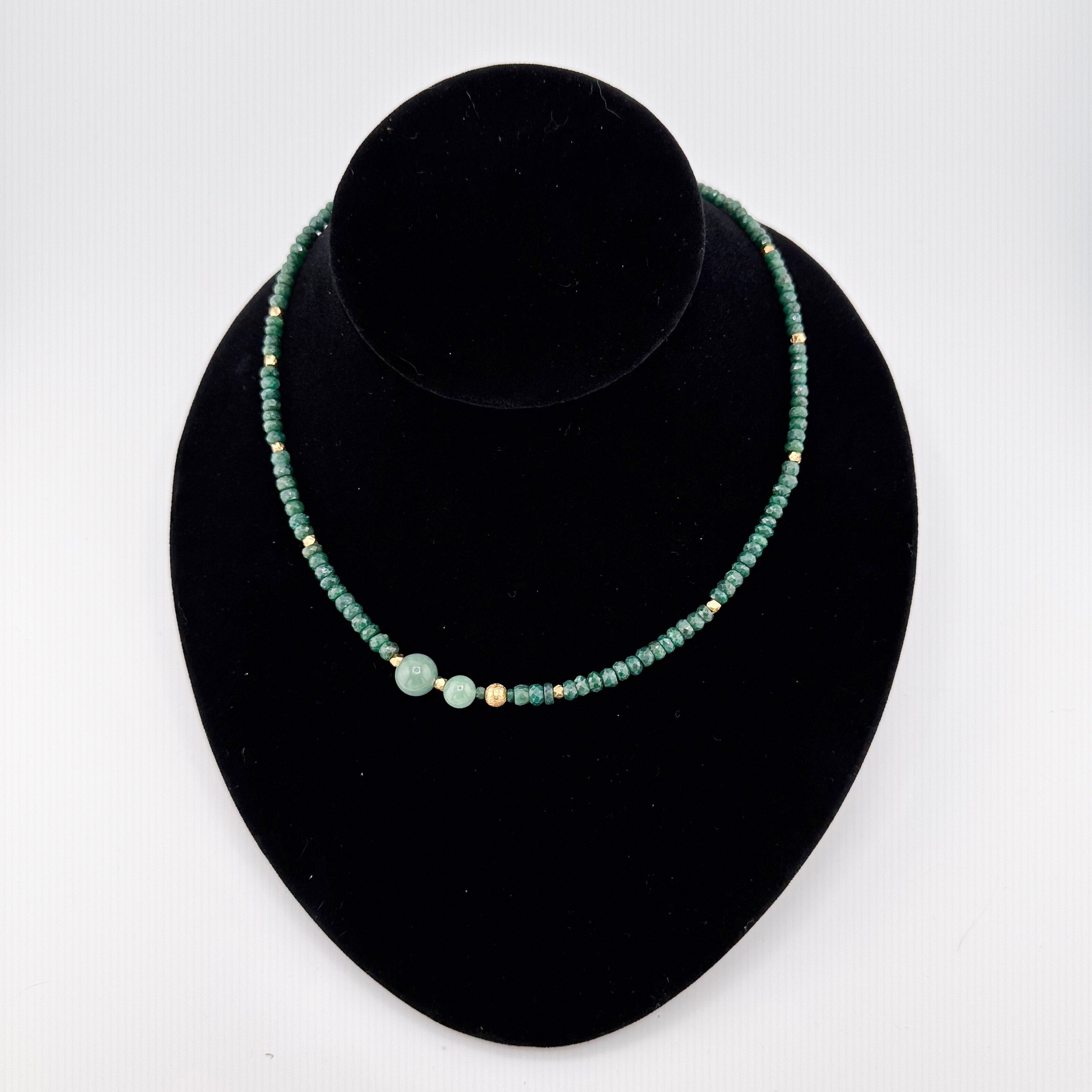 Emerald, Jade, and 22K Gold Vermeil Necklace on black bust