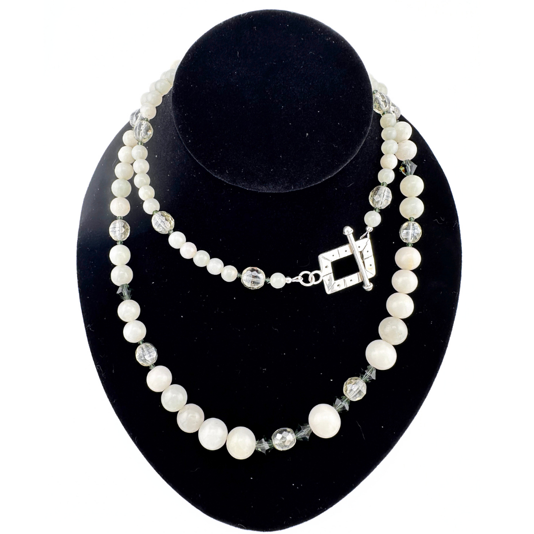 Jade, Crystal, Swarovski Crystal, and Sterling Silver Necklace on black bust