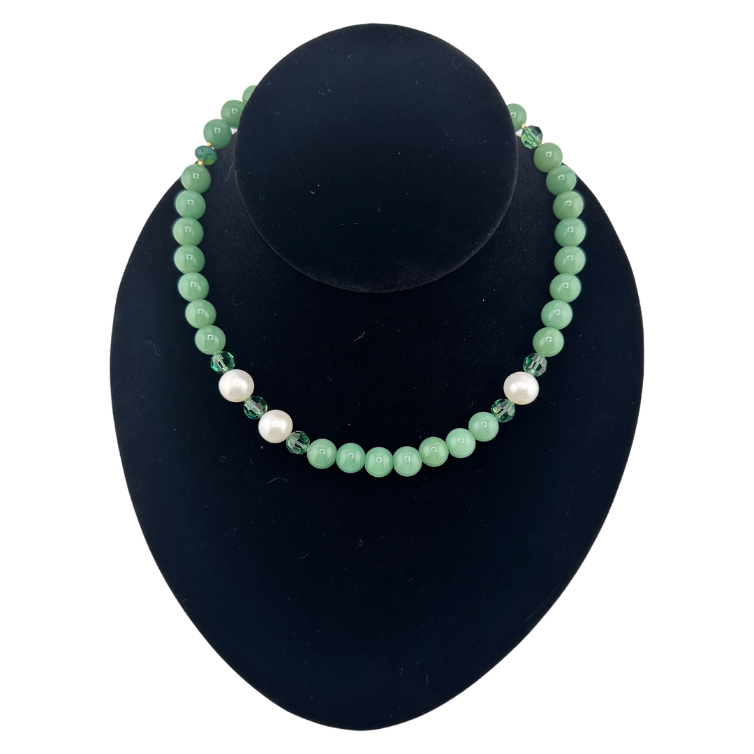 Jade, Pearl, Swarovski Crystal, and 22K Gold Vermeil Necklace on black bust