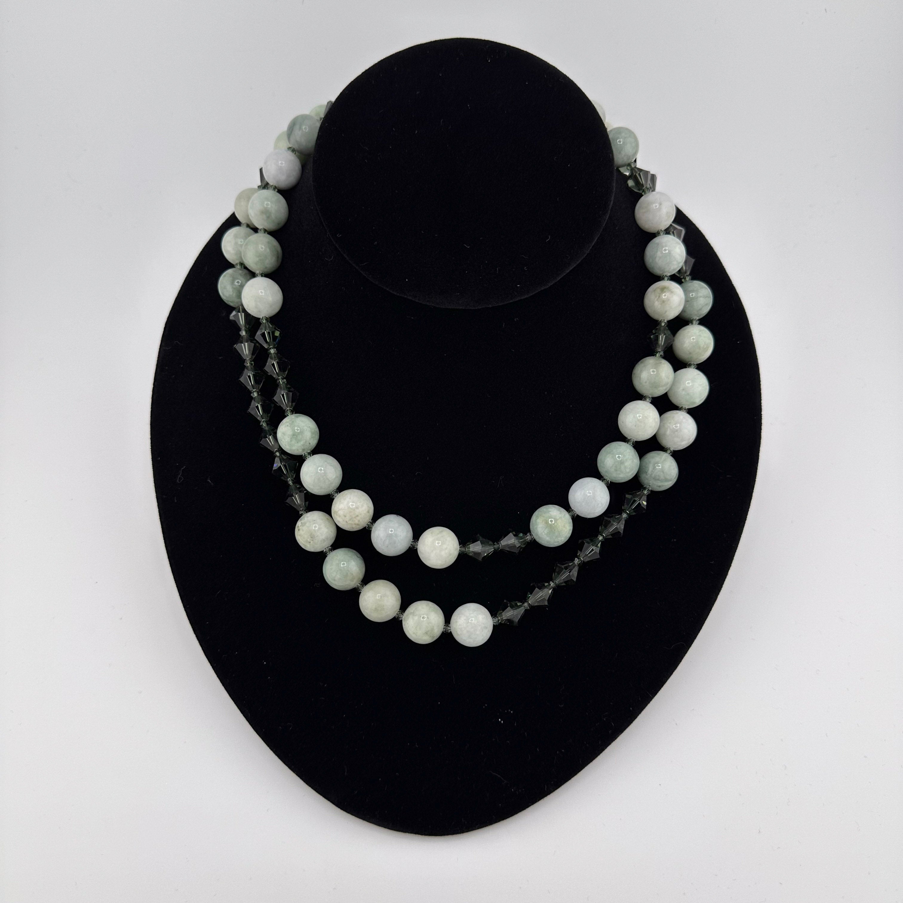 Jade, Swarovski Crystal, and Sterling Silver Necklace on black bust
