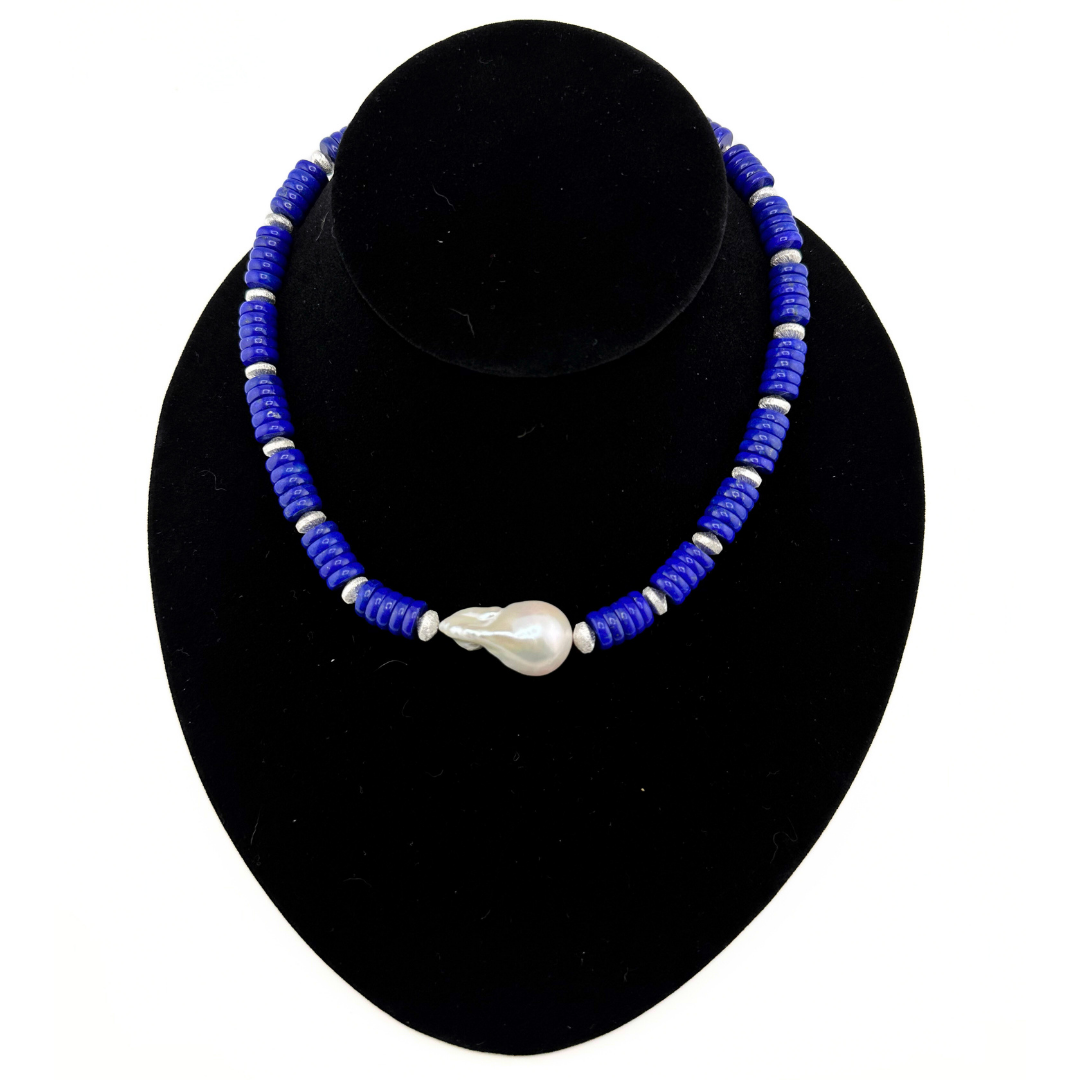 Lapis, Pearl, and Sterling Silver Necklace on black bust