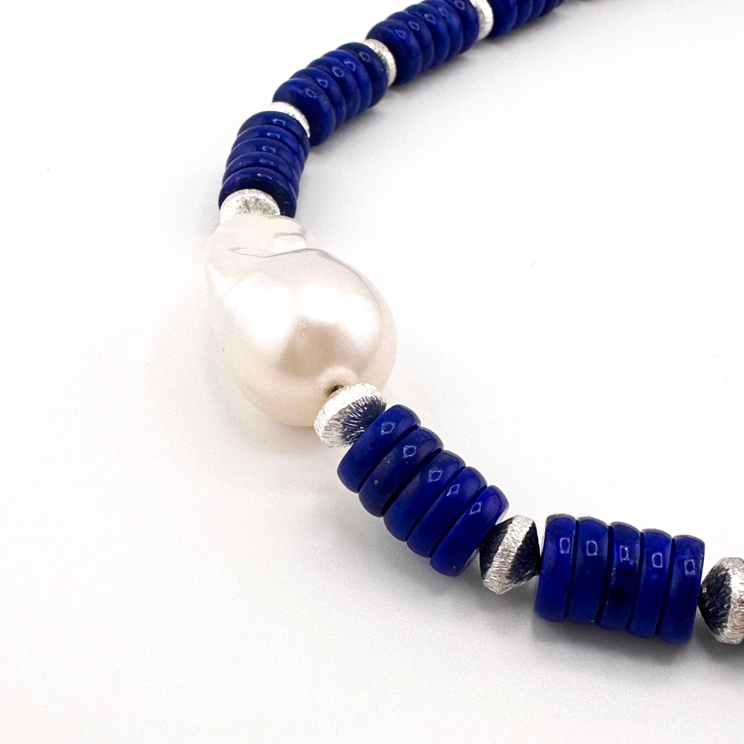 Lapis, Pearl, and Sterling Silver Necklace closeup on white background