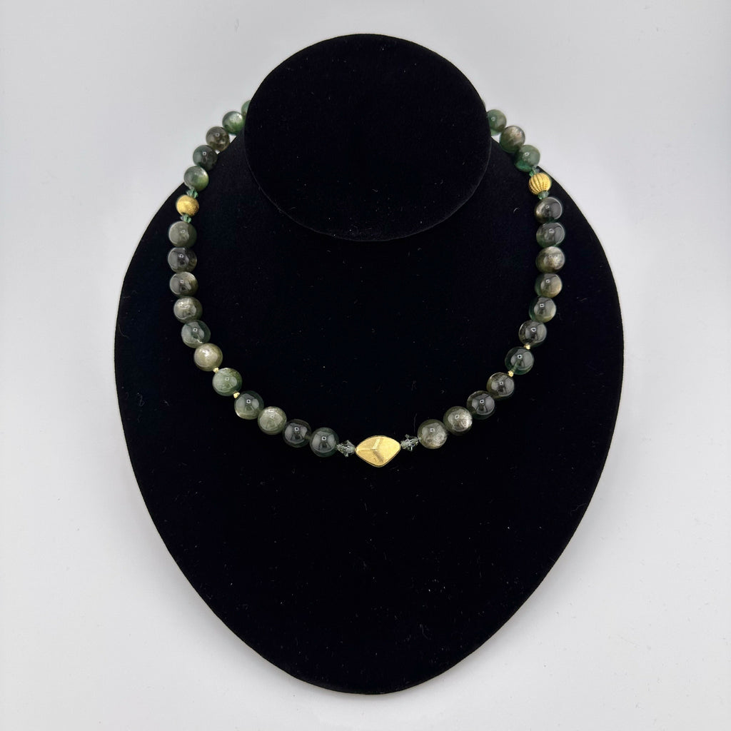 Lepidolite, Swarovski Crystal, and 22K Gold Vermeil beaded necklace on black bust