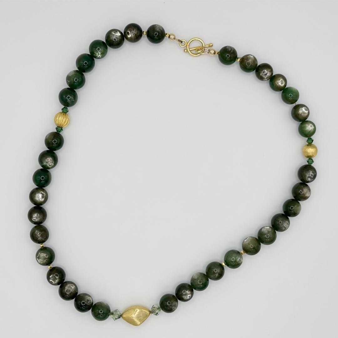 Lepidolite, Swarovski Crystal, and 22K Gold Vermeil beaded Necklace flatlay on white background