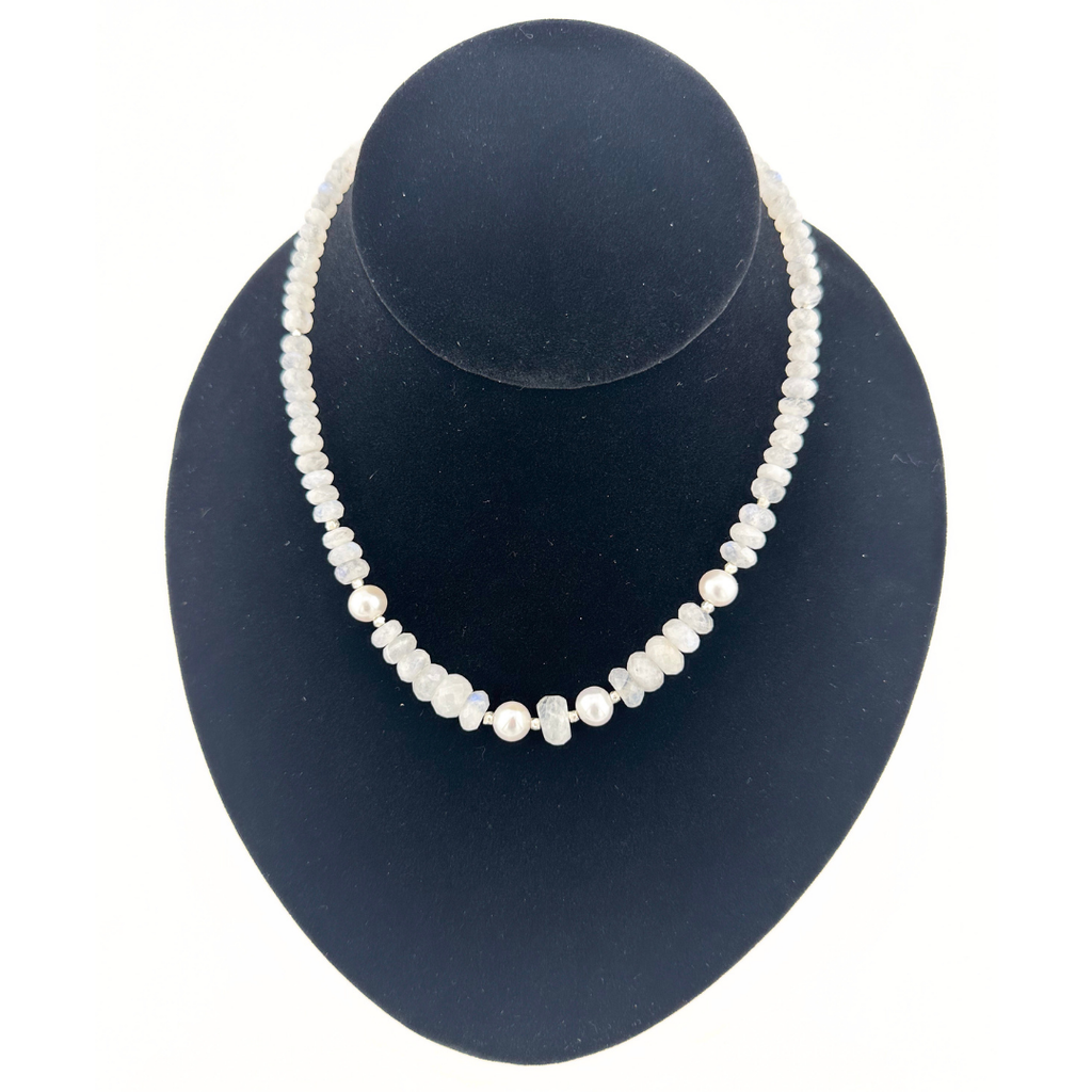 Moonstone, Pearl, and Sterling Silver beaded necklace on black bust