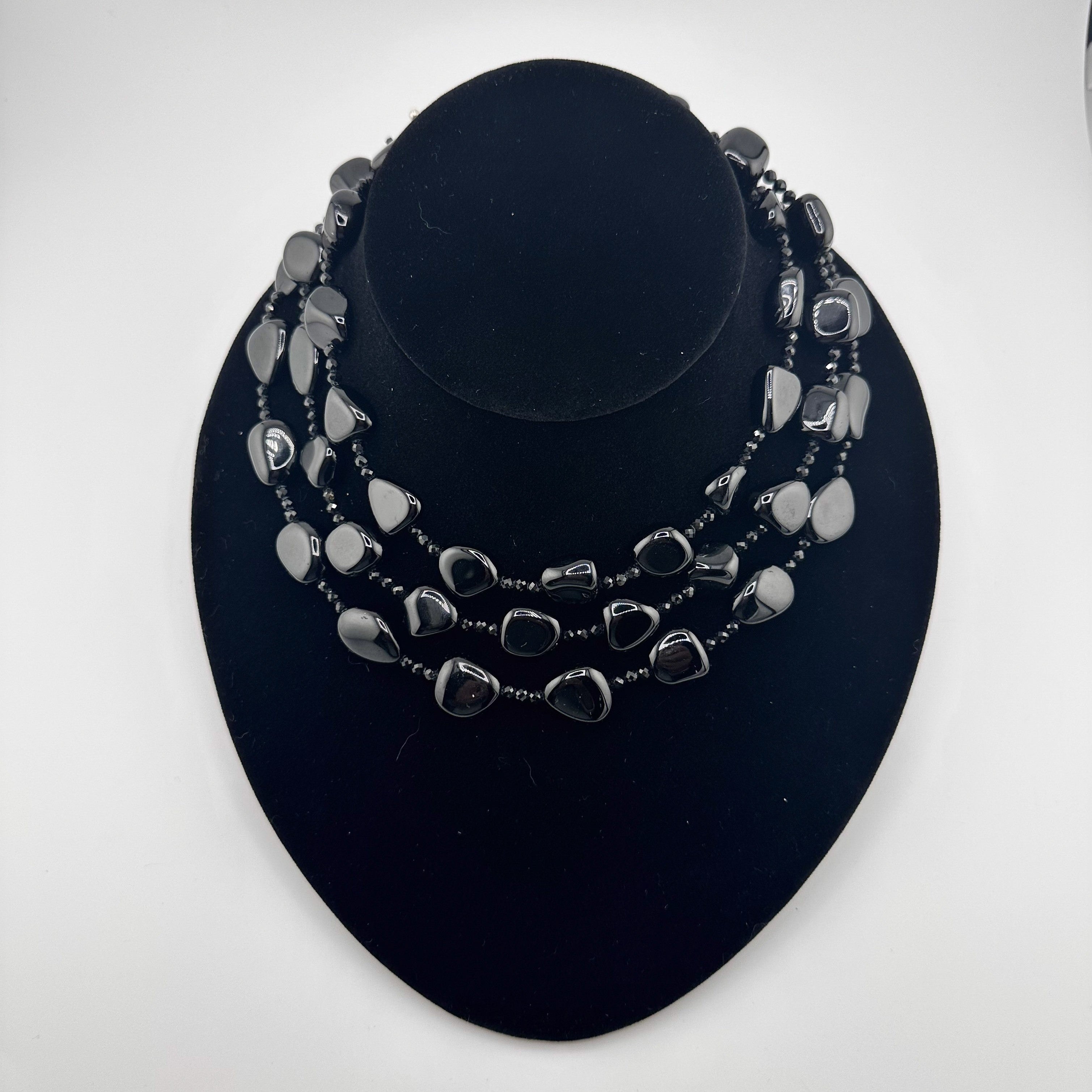 Onyx, Spinel, and Sterling Silver Necklace on black bust