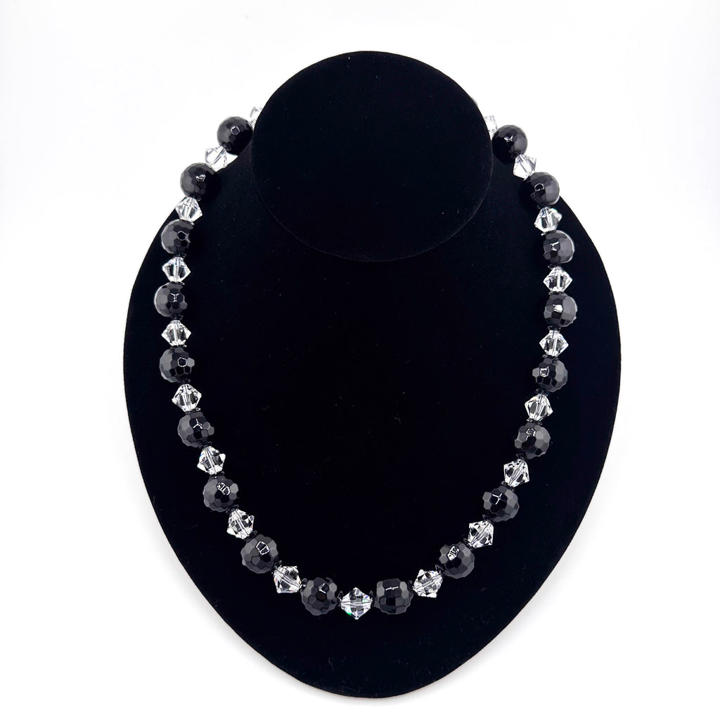 Onyx, Swarovski Crystal, and Sterling Silver Necklace on black bust