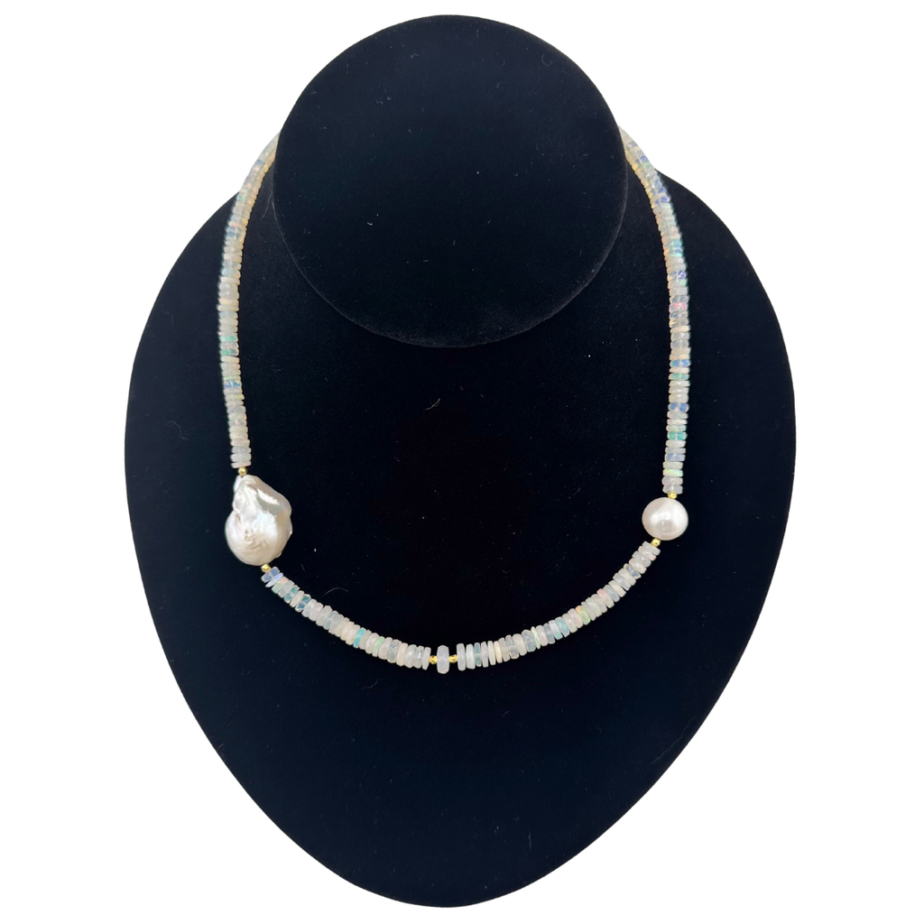 Opal, Pearl, and 22K Gold Vermeil Necklace on black bust