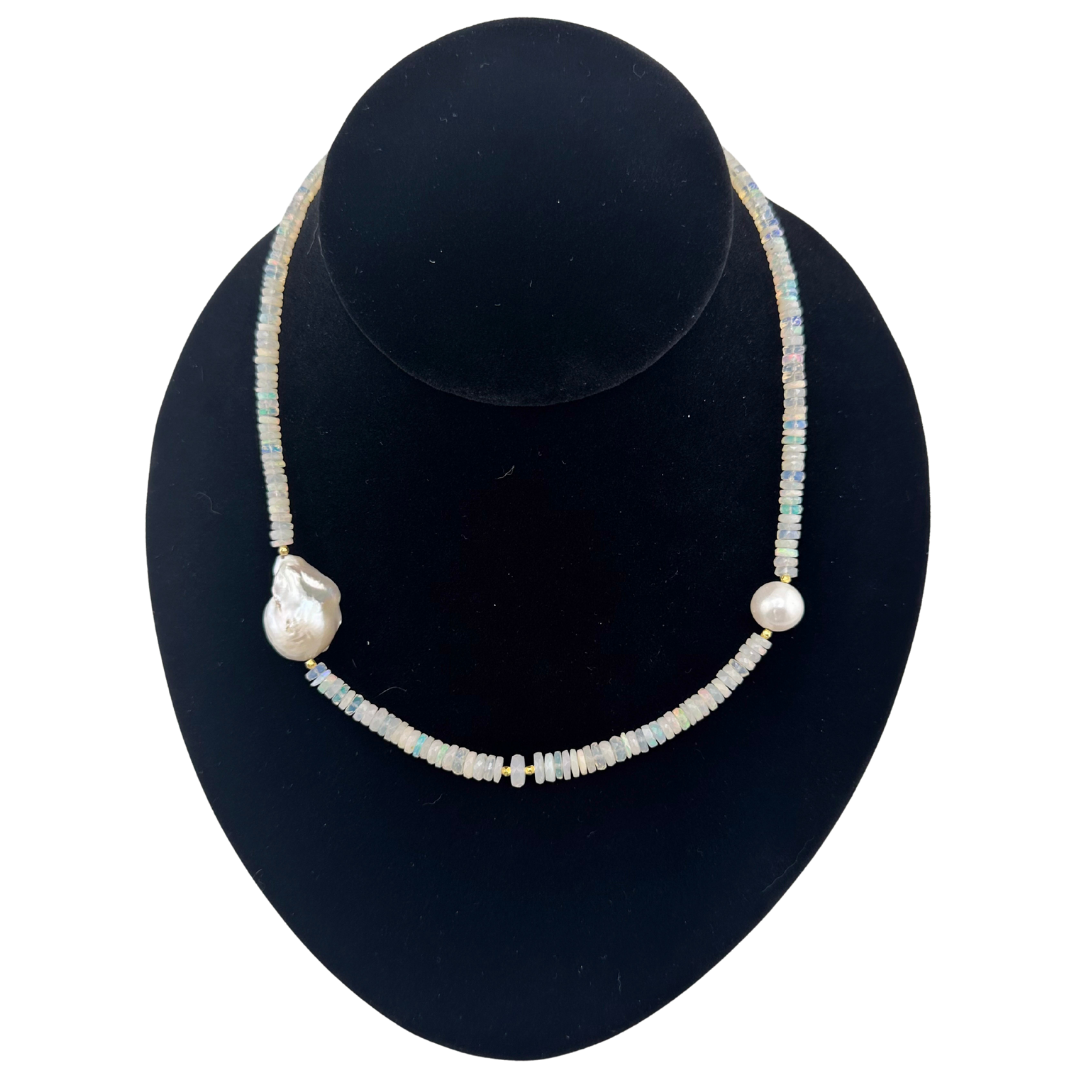 Opal, Pearl, and 22K Gold Vermeil Necklace on black bust