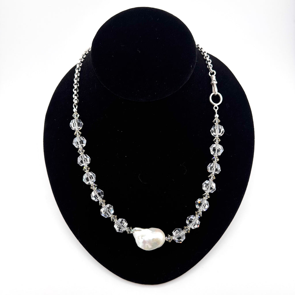 Pearl, Swarovski Crystal, and Sterling Silver Watch Chain Necklace on black bust
