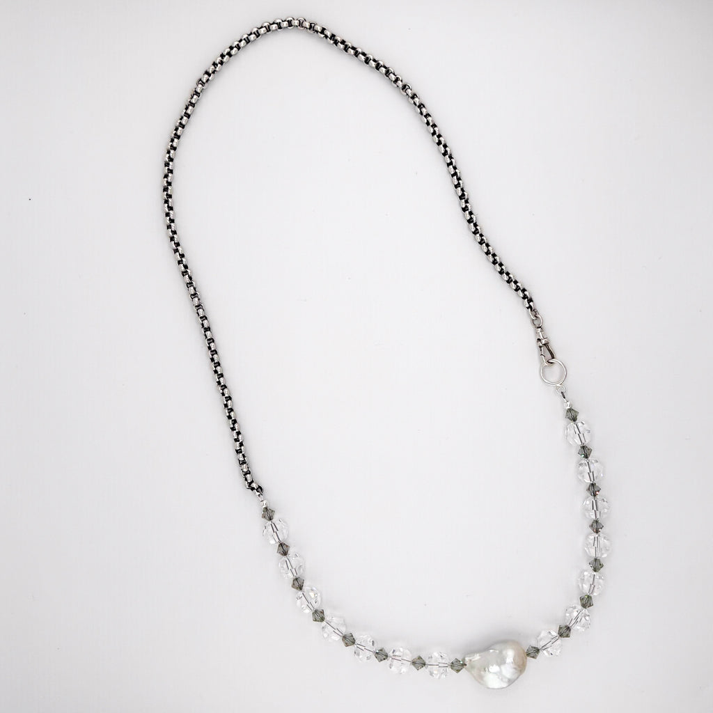 Pearl, Swarovski Crystal, and Sterling Silver Watch Chain Necklace flatlay on white background