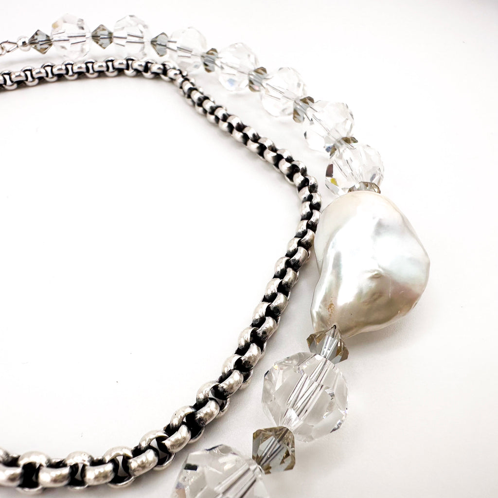Pearl, Swarovski Crystal, and Sterling Silver Watch Chain Necklace closeup on white background