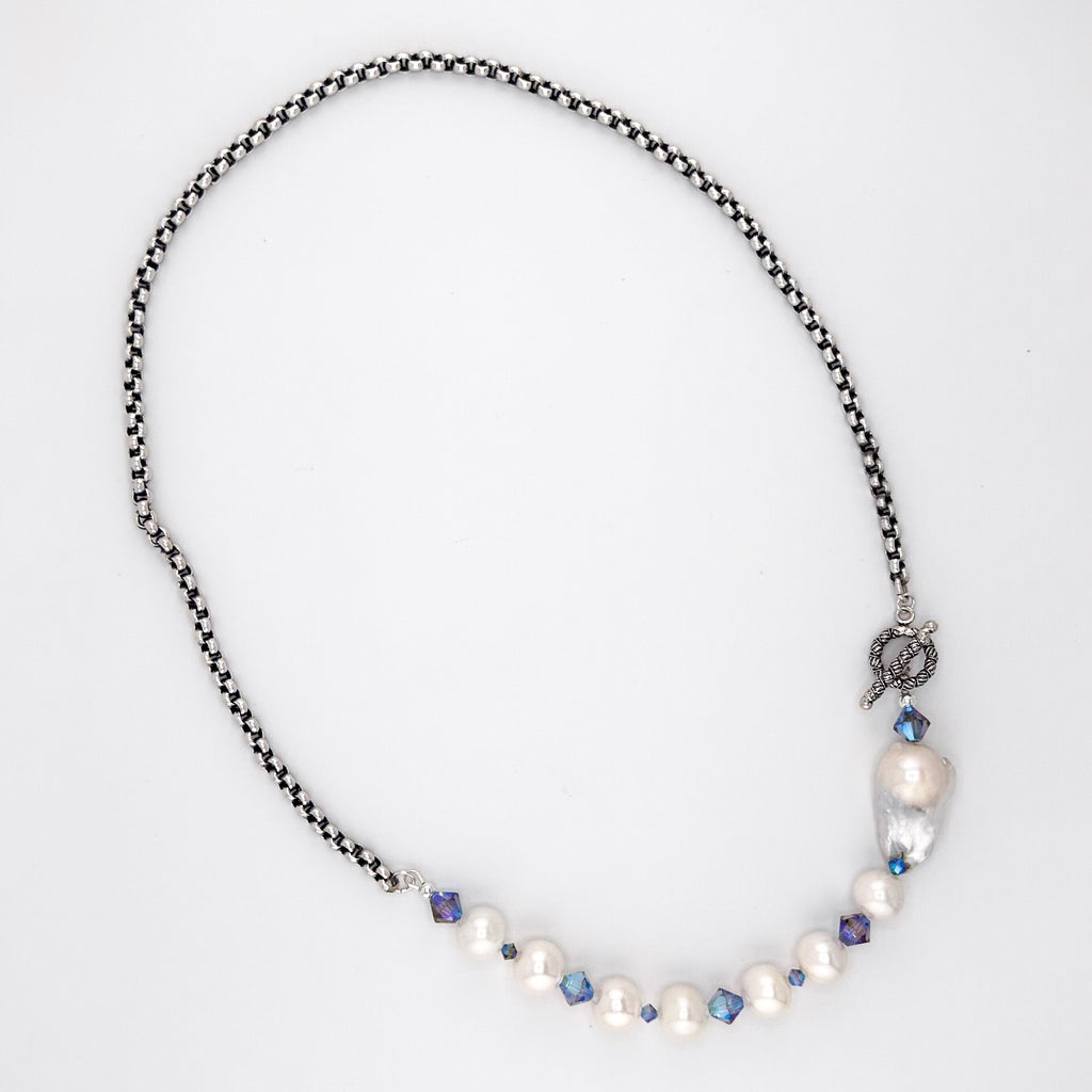 Pearl, Swarovski Crystal, and Sterling Silver Watch Chain Necklace flatlay on white background