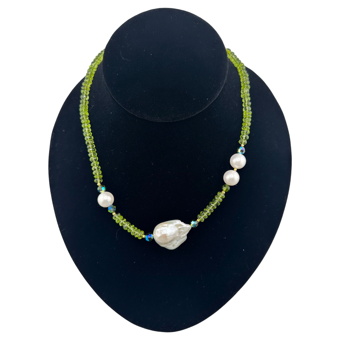 Peridot, Pearl, Swarovski Crystal, and 22K Gold Vermeil Necklace on black bust