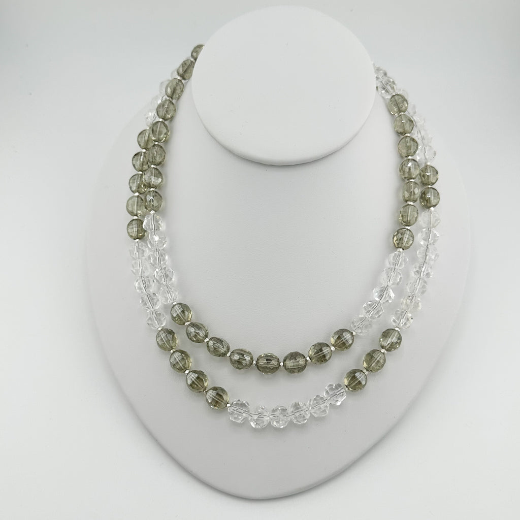 Quartz, Crystal, and Sterling Silver Necklace on white bust