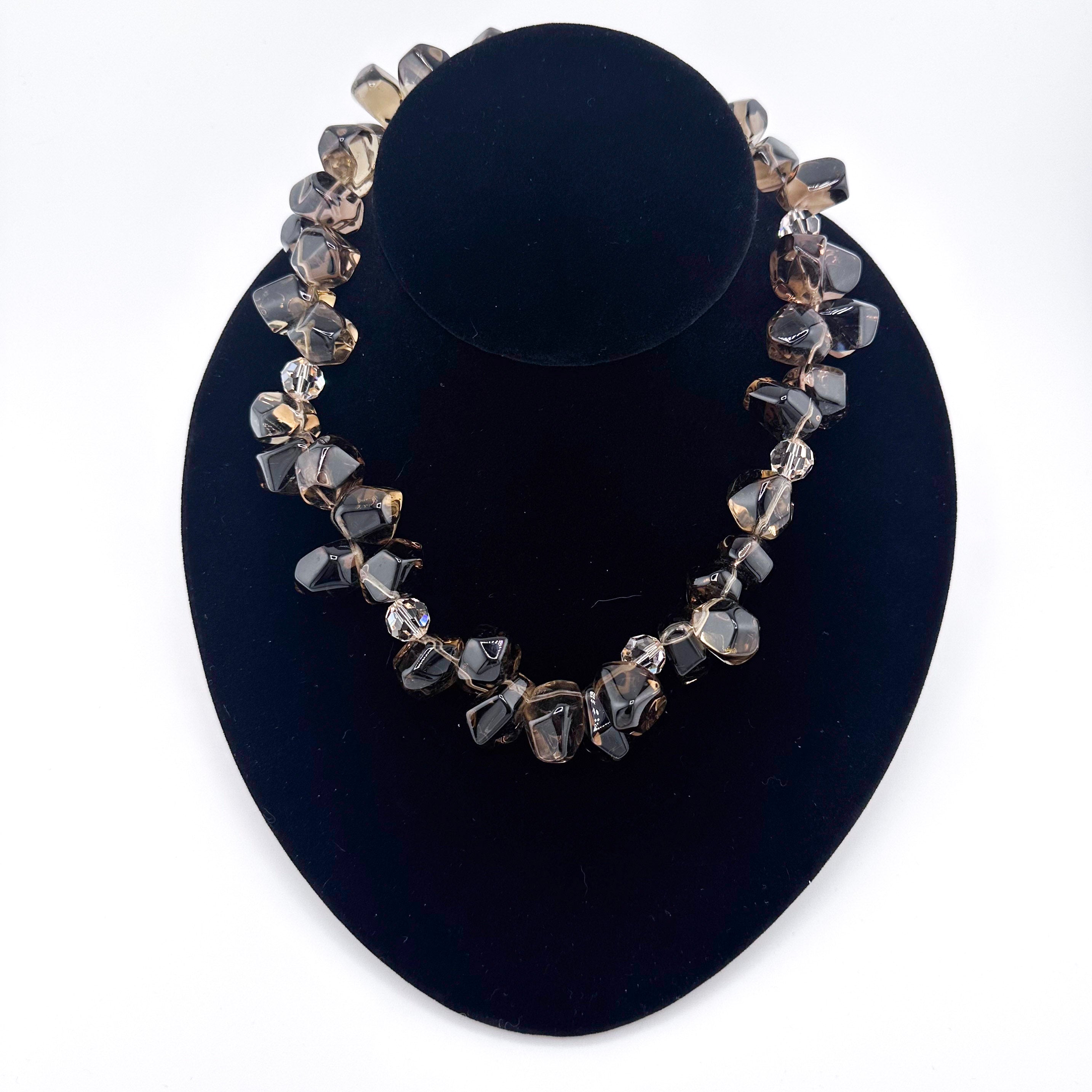 Smoky Quartz, Swarovski Crystal, and 22K Gold Vermeil Necklace on black bust
