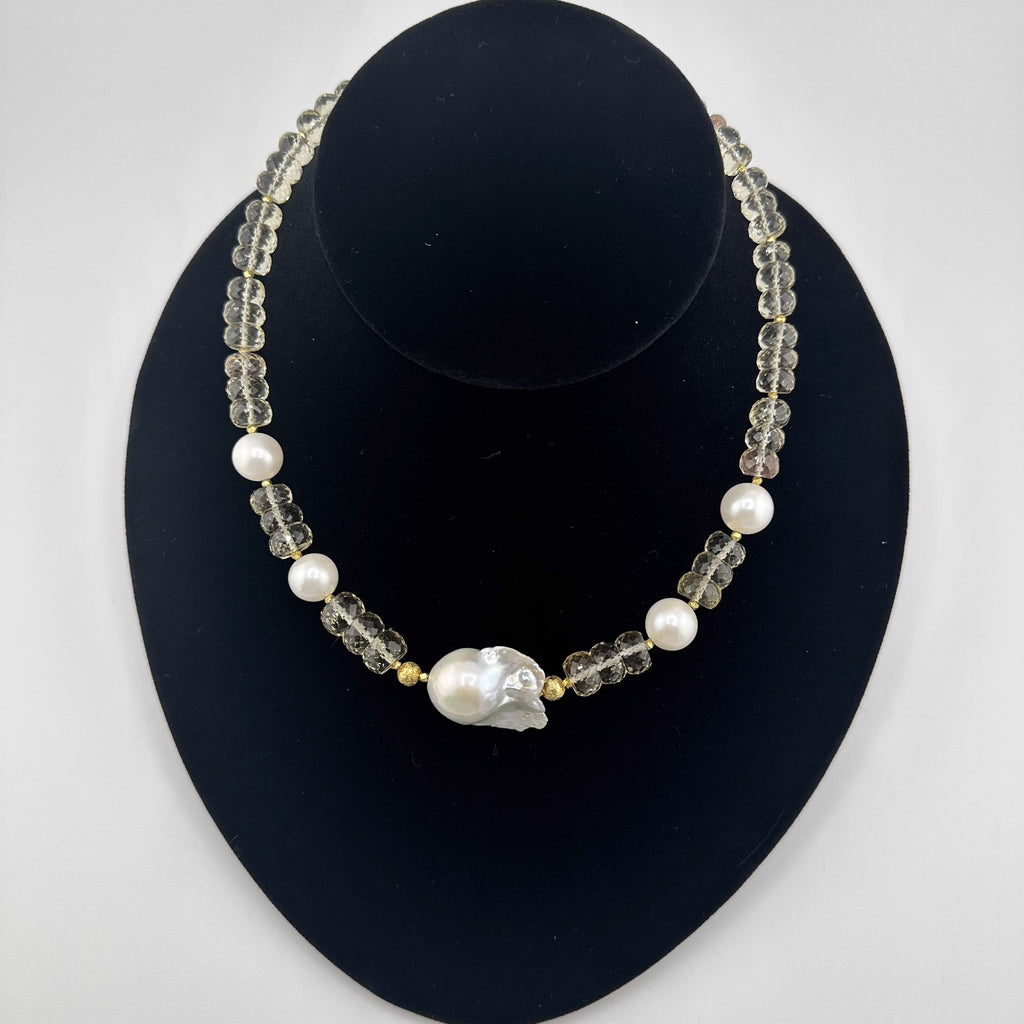 Sunstone, Pearl, and 22K Gold Vermeil beaded necklace on black bust