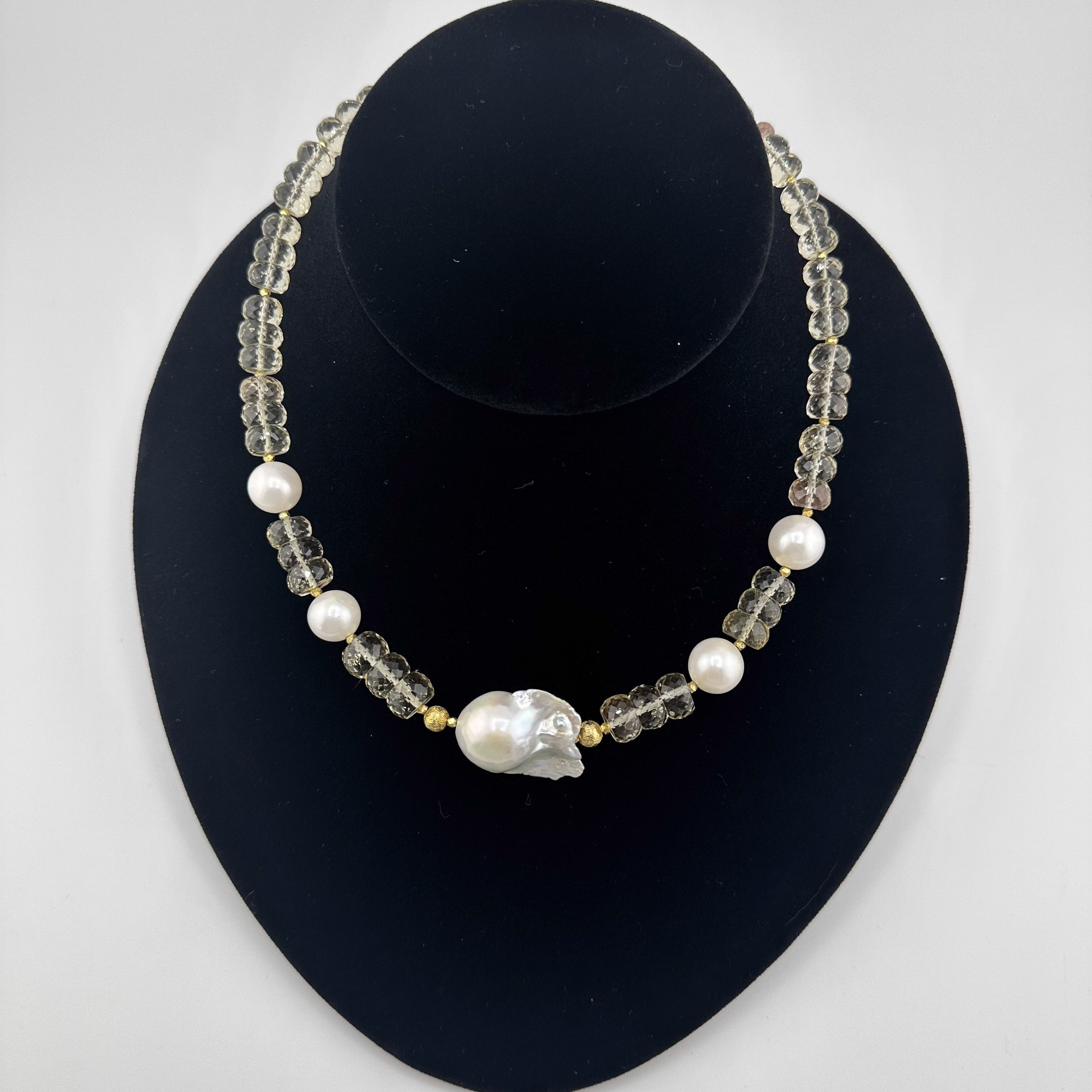 Sunstone, Pearl, and 22K Gold Vermeil beaded necklace on black bust