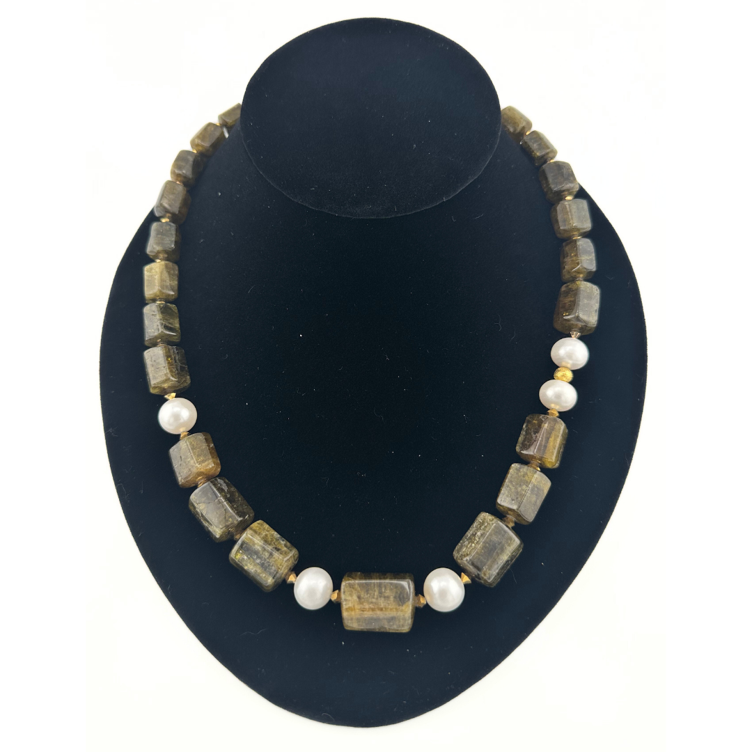 Tourmaline, Pearl, Swarovski Crystal, and 22K Gold Vermeil beaded necklace on black bust