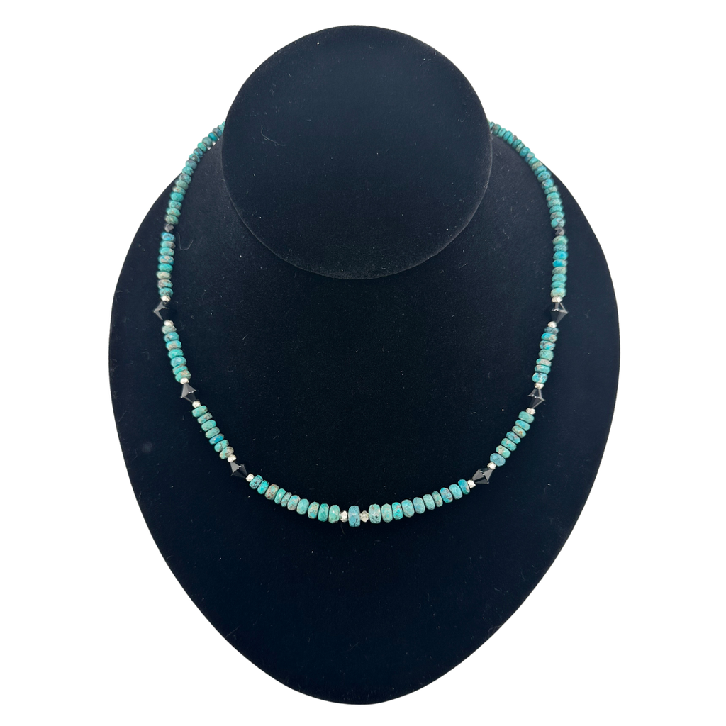 Turquoise, Spinel, Onyx, and Sterling Silver Necklace on black bust