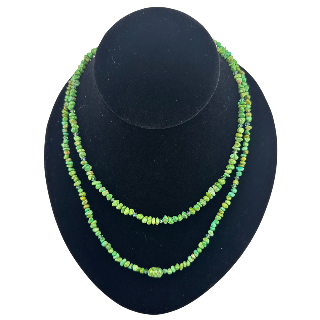 Turquoise, Swarovski Crystal, and Sterling Silver Necklace on black bust