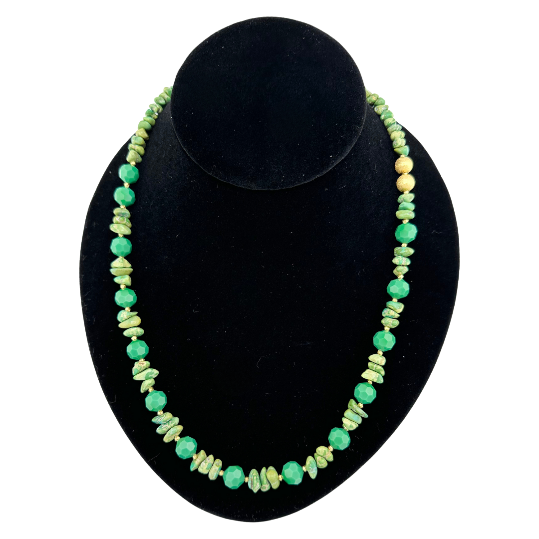 Turquoise, Swarovski Crystal, and 22K Gold Vermeil Necklace on black bust