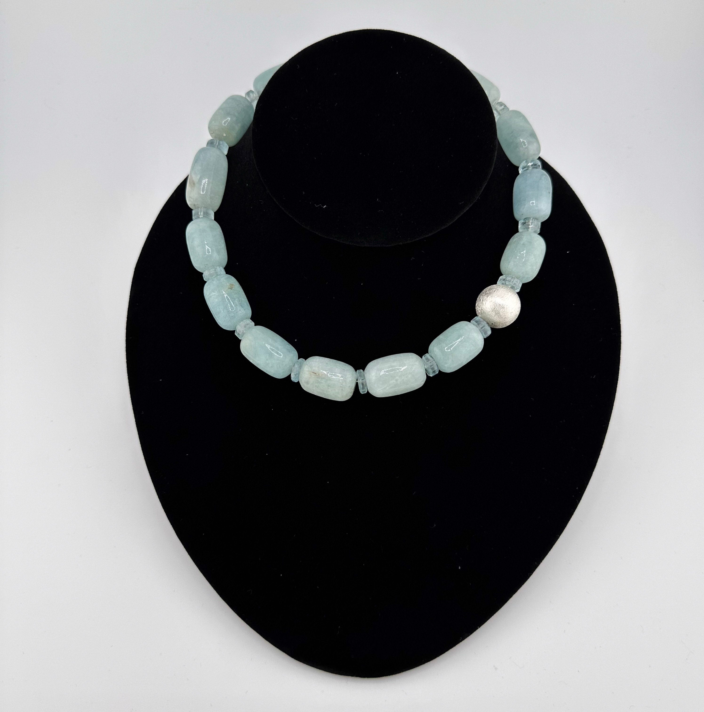 Aquamarine and Sterling Silver Necklace on black bust