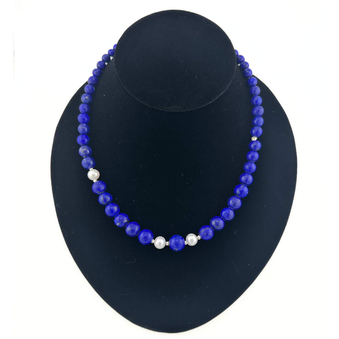 Lapis, Pearl, and Sterling Silver Necklace on black bust