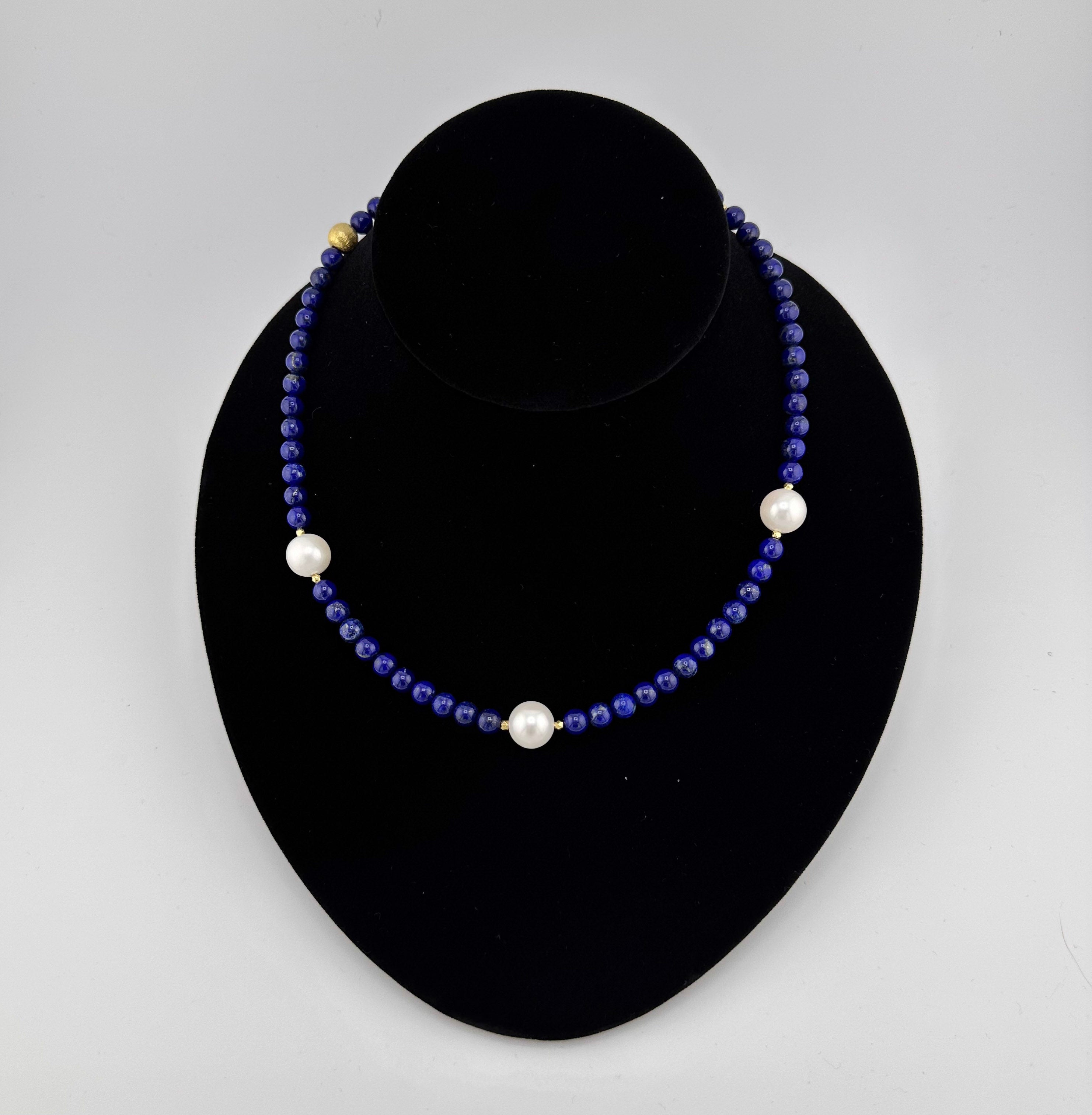 Lapis, Pearl, and 22K Gold Vermeil Necklace on black bust