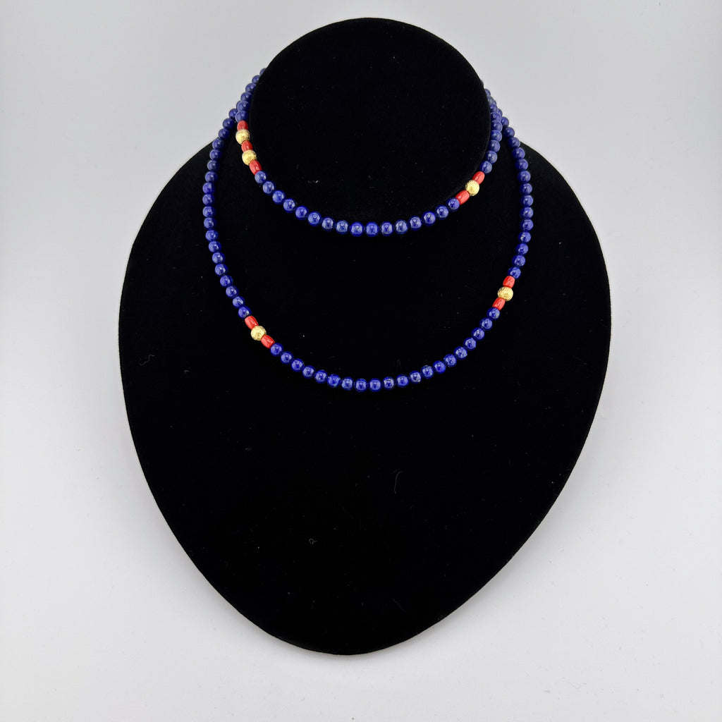 Lapis, Coral, and 22K Gold Vermeil Necklace on black bust