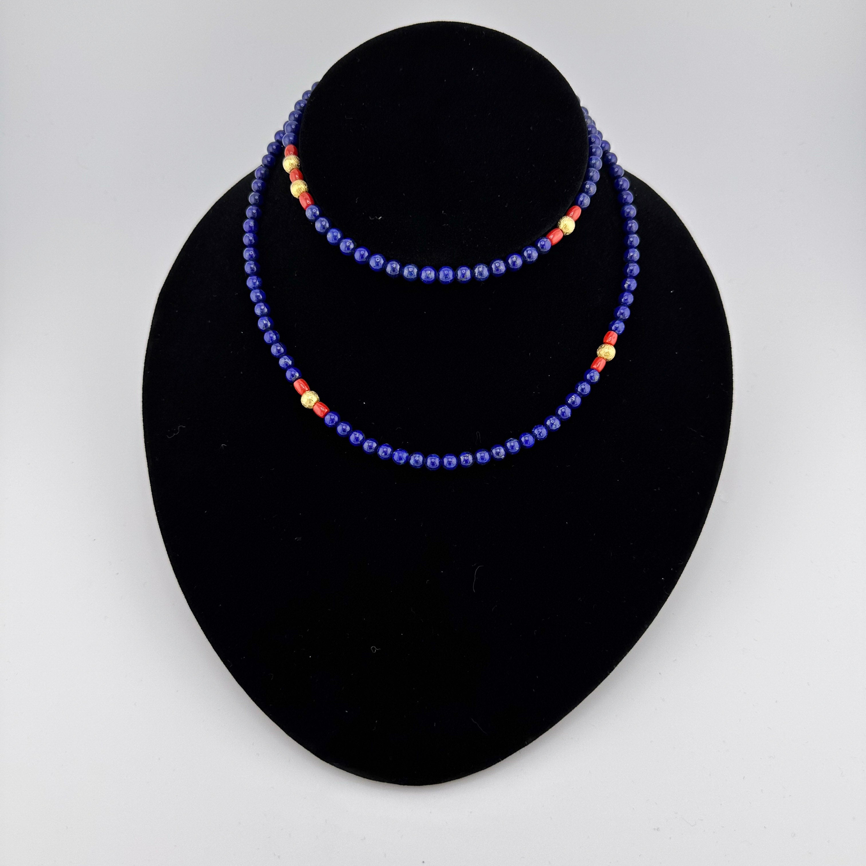 Lapis, Coral, and 22K Gold Vermeil Necklace on black bust