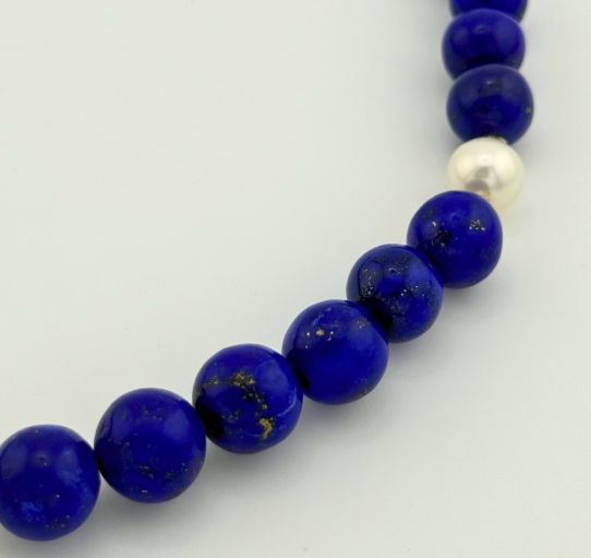 Lapis, Pearl, and 22K Gold Vermeil Necklace closeup on white background