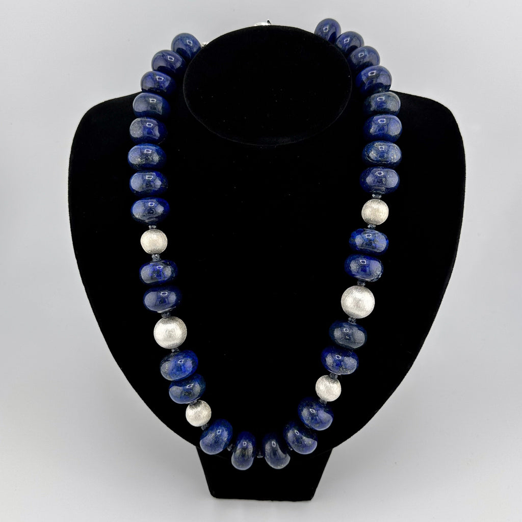 Lapis, Sapphire, and Sterling Silver Necklace on black bust