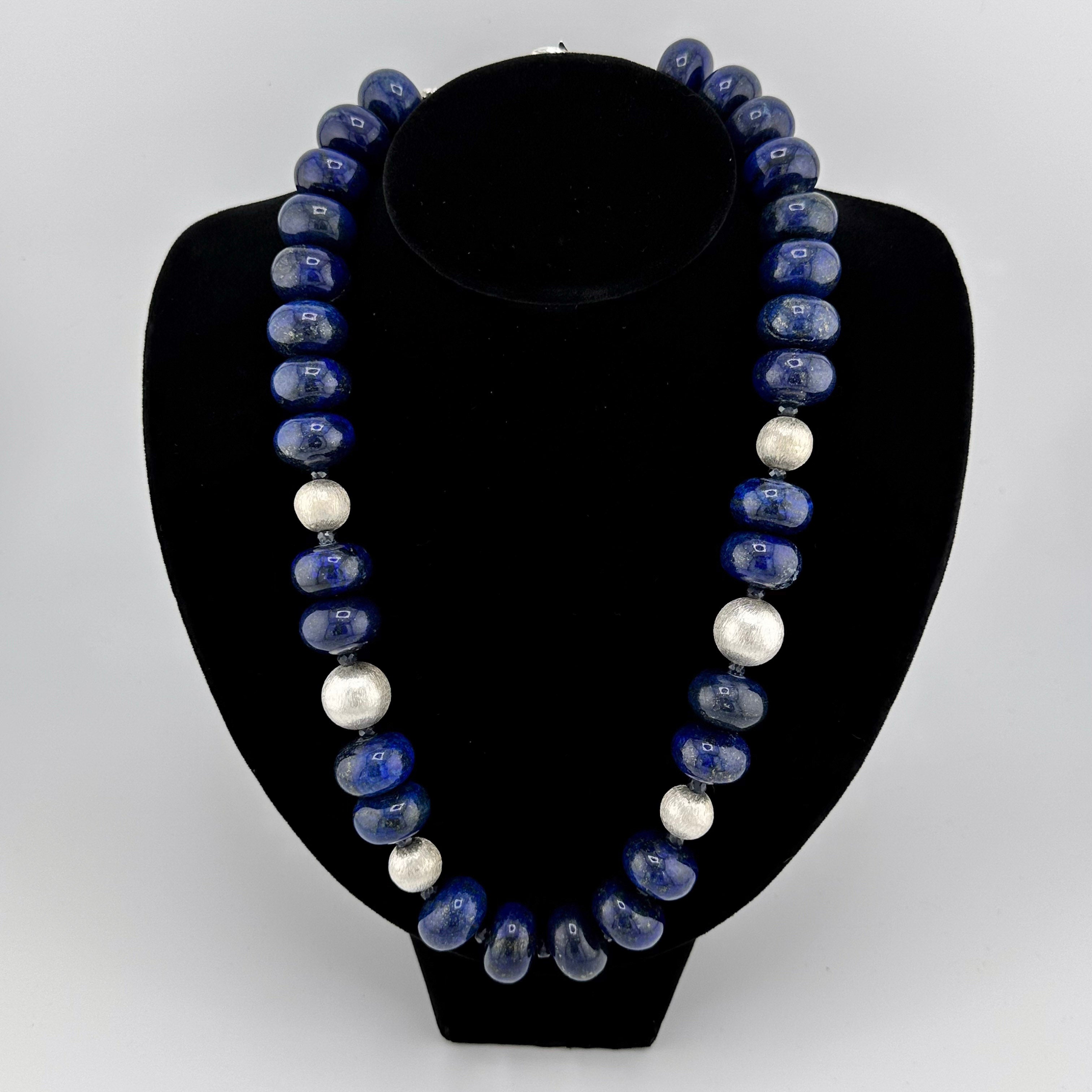 Lapis, Sapphire, and Sterling Silver Necklace on black bust