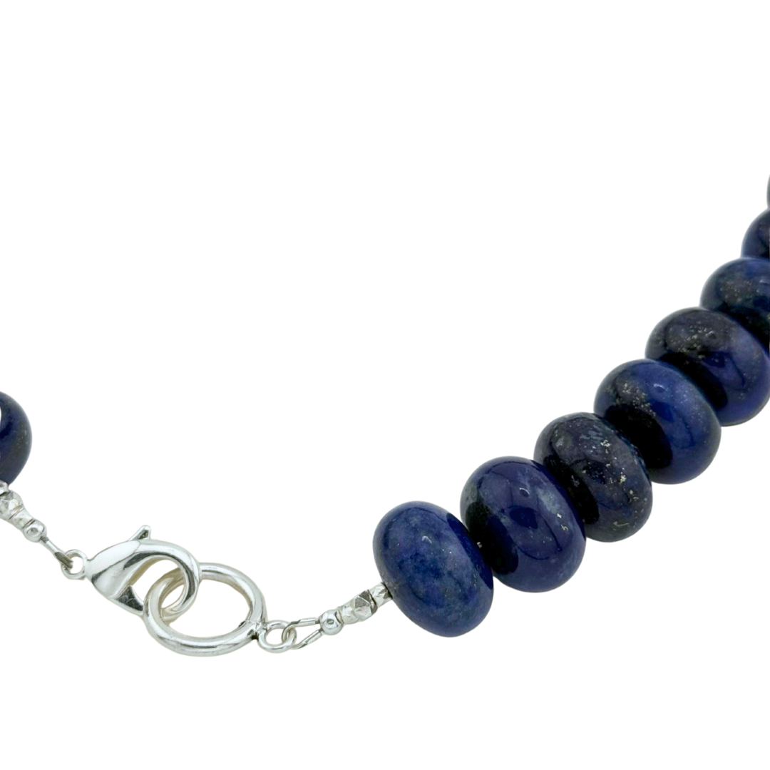 Lapis, Sapphire, and Sterling Silver Necklace clasp closeup on white background