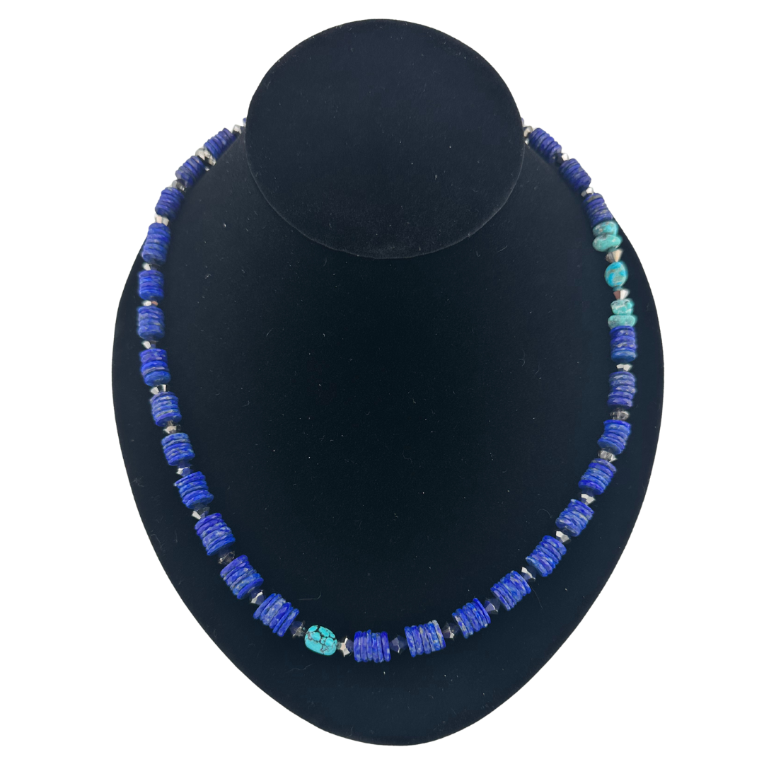 Lapis, Turquoise, Swarovski Crystal, and Sterling Silver Necklace on black bust