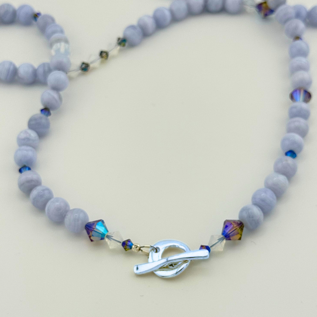 Vintage (1960s) Blue Lace Agate, Swarovski Crystal, and Sterling Silver Necklace