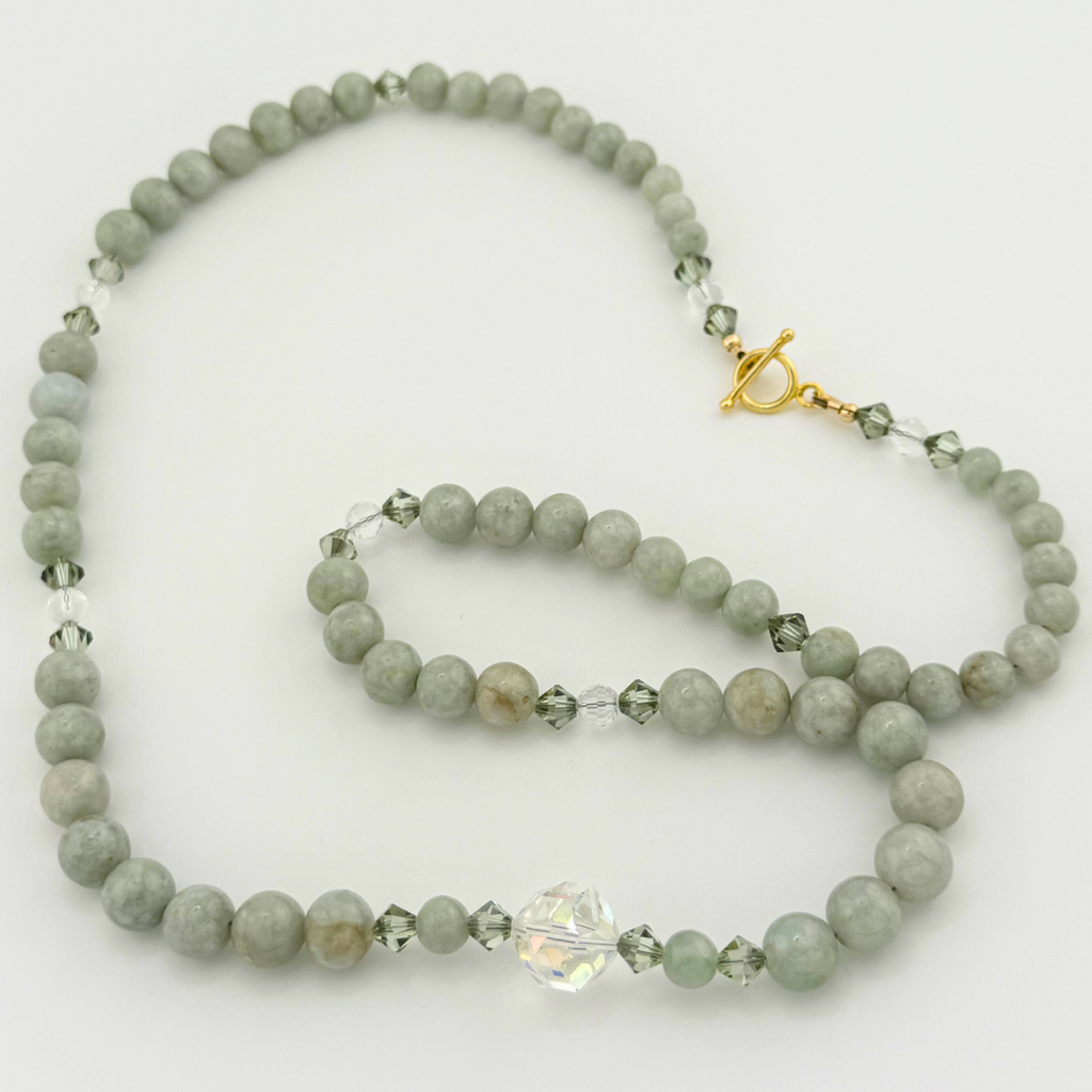 Vintage (1950s) Celadon Jade, Swarovski Crystal, and 14K Gold Fill Necklace