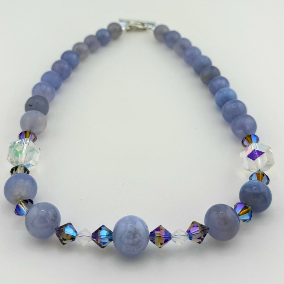Antique (1920s) Blue Lace Agate, Swarovski Crystal, and Sterling Silver Necklace