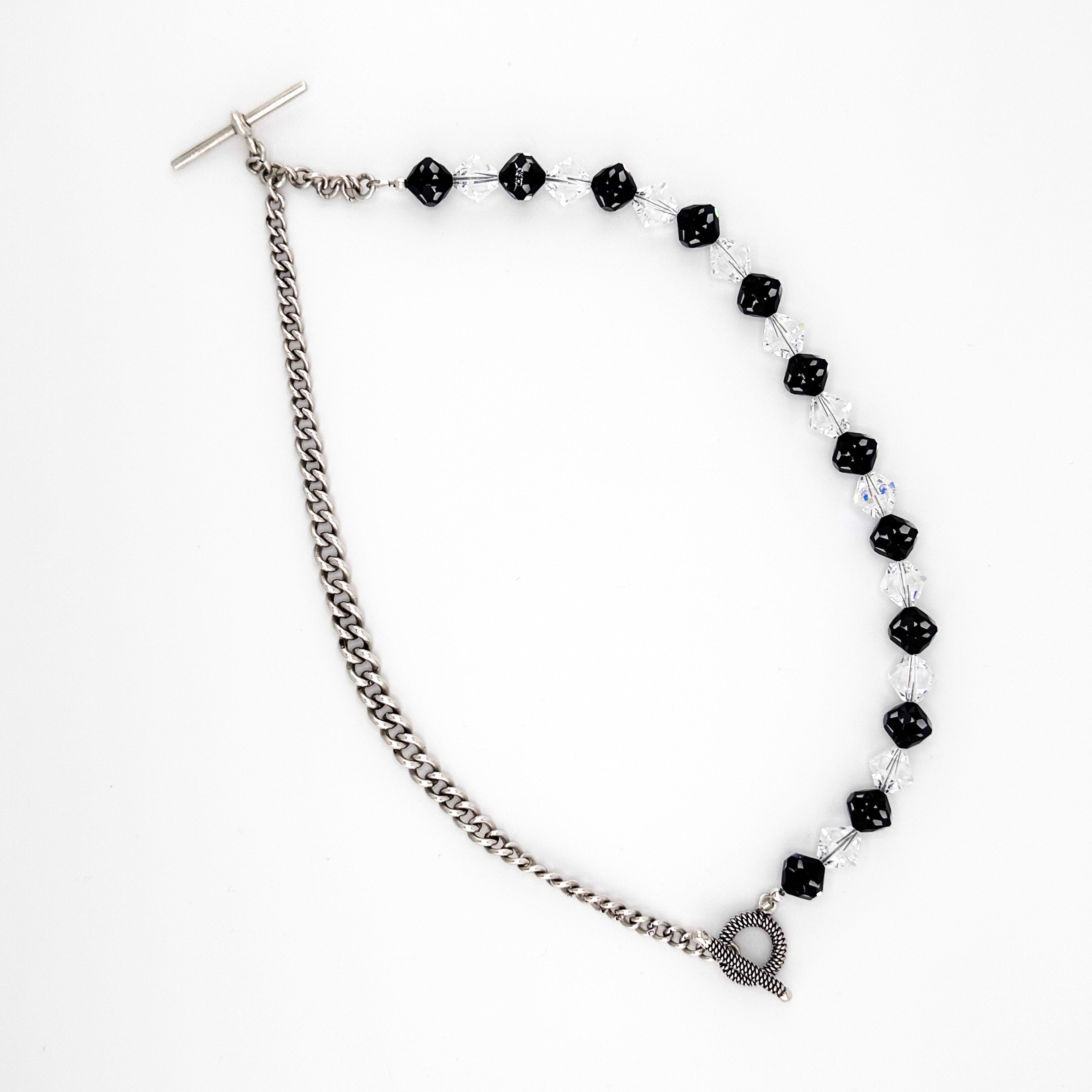 Sterling Silver Watch Chain with T-Bar and Swarovski Crystal Necklace flatlay on white background