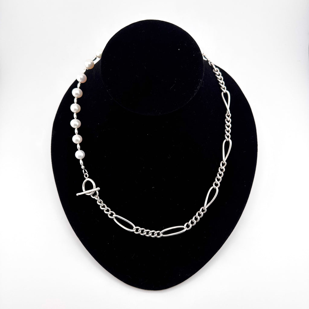 Sterling Silver Watch Chain and Pearls Necklace on black bust