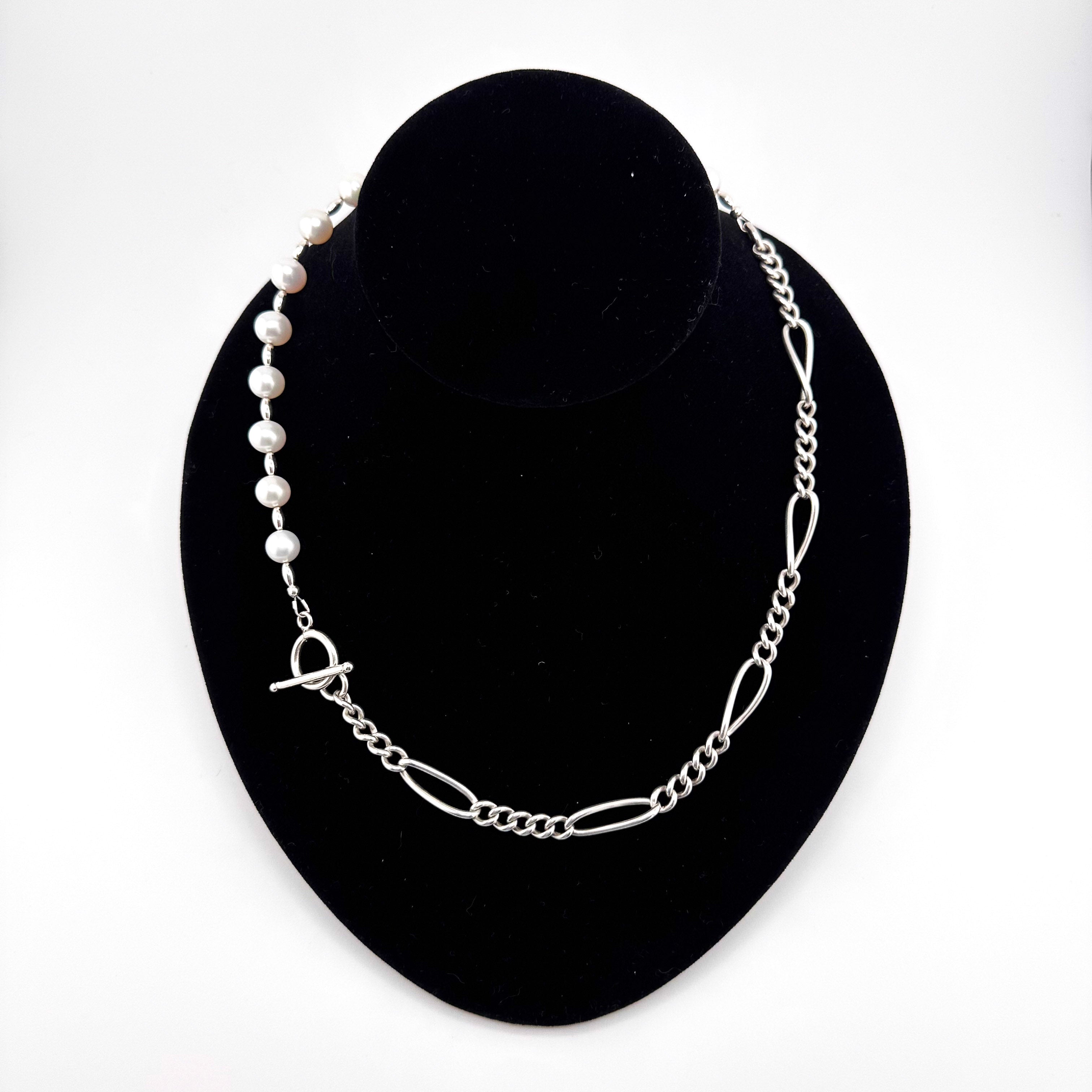 Sterling Silver Watch Chain and Pearls Necklace on black bust